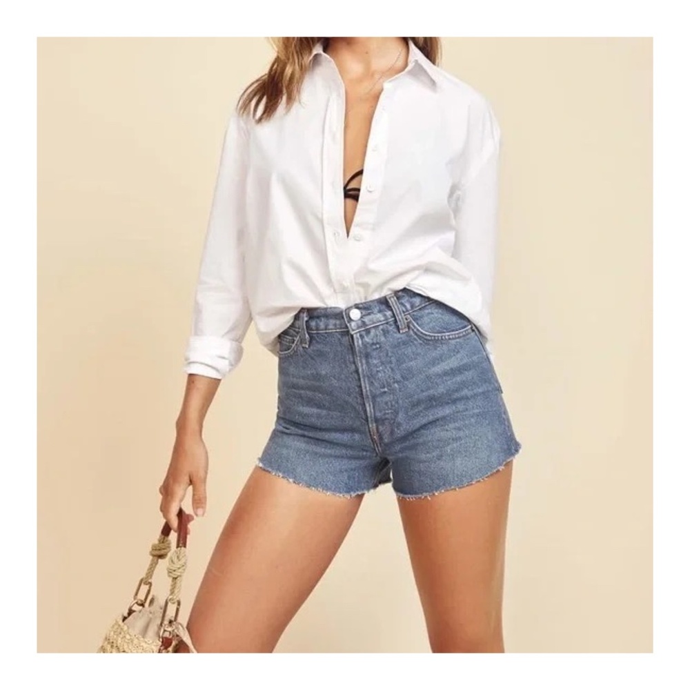 Women's Size 31 Reformation Charlie High Rise Frayed Denim Shorts Iskar Wash